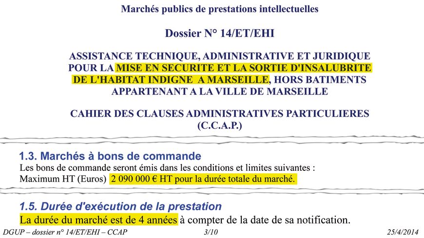 Extraits du marché public de prestations intellectuelles n°14/ET/EHI émis par la ville de Marseille le 25 avril 2014.