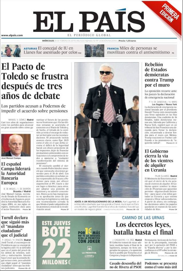 Une de El País du 20 février 2020