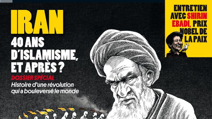 Iran : 40 ans d'islamisme, et après ? Dossier spécial. Histoire d’une révolution qui a bouleversé le monde. Dessins : L'ayatollah Khomeyni par Heidari, Iran et Shirin Ebadi vue par Medi, Albanie