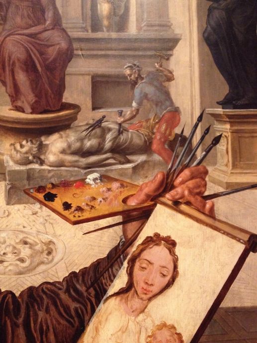 Martin Van Heemskerck, Saint Luc peignant la Vierge (détail), 1532, huile sur bois, musée des Beaux-Arts de Rennes.Extrait leçon inaugurale de PH; Walter