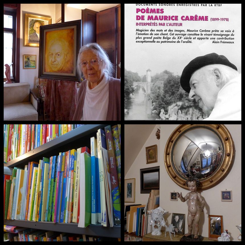 De gauche à droite, de haut en bas : Jeannine Burny devant le portrait de Maurice Carême par Felix de Boeck ; poèmes de Maurice Carême ; Manuels scolaires contenant des poésies de Maurice Carême et son bureau à la Maison Blanche