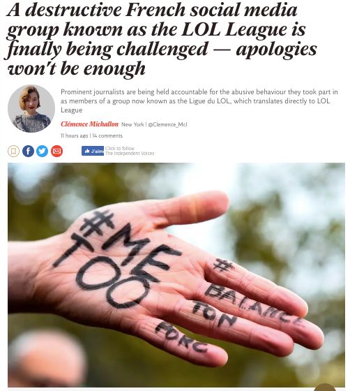 The Independant fait le lien entre la "ligue du lol" et le mouvement #Balancetonporc