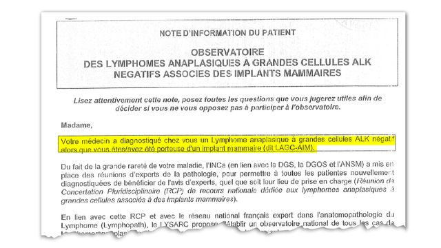 Extrait d'une note d'information de l'Observatoire des lymphomes anaplasiques à grandes cellules associés à des implants mammaires, adressée aux patientes concernées par ce cancer.
