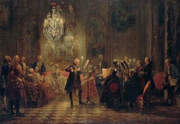 « Le concert de flûte de Frédéric le Grand à Sans-Souci », par Adolph von Menzel (cc) / A droite Johann Joachim Quantz en costume sombre debout avec un violon / Musicopolis