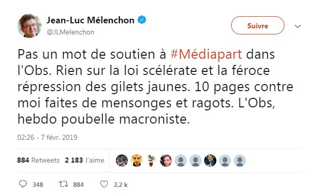 Tweet de Jean-Luc Mélenchon (capture d'écran du compte @JLMelenchon le 8 février à 10h44)