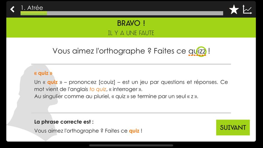 L'un des écrans de l'application Projet Voltaire