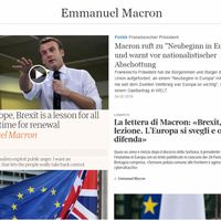 Collage avec différentes traductions de la tribune d'Emmanuel Macron diffusé dans plusieurs quotidiens européens