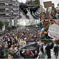 Algérie, manifestations du 8 mars 2019 contre le 5e mandat du président A. Bouteflika ; le 7 mars, un millier d’avocats du barreau d’Alger se sont rassemblés devant le siège du Conseil constitutionnel, réclamant qu’il invalide cette candidature.