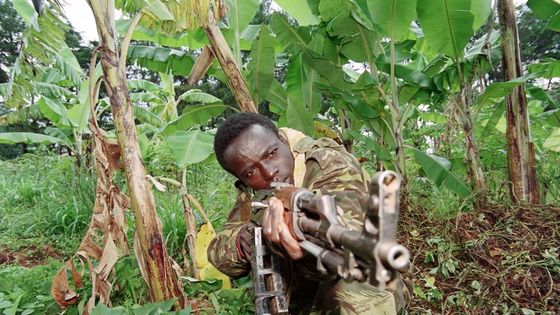 Soldat du gouvernement rwandais, en plein champ de bananes, à la frontière avec le Front Patriotique Rwandais, en 1994 ©AFP - Alexander Joe