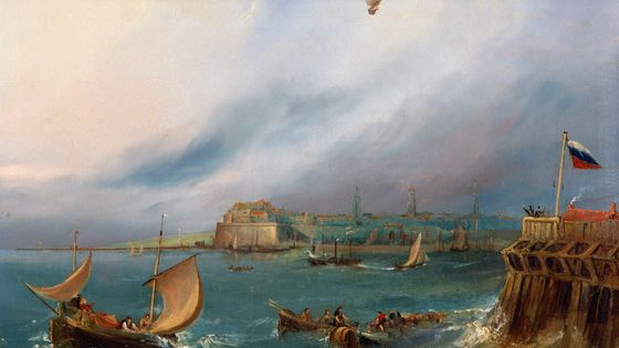La première traverse de la Manche en ballon, 7 janvier 1785. H. sur toile, c 1840 par E W Cocks. Le ballon de l’aéronaute Jean-Pierre Blanchard arrive dans le port de Calais, France ©Getty - SSPL