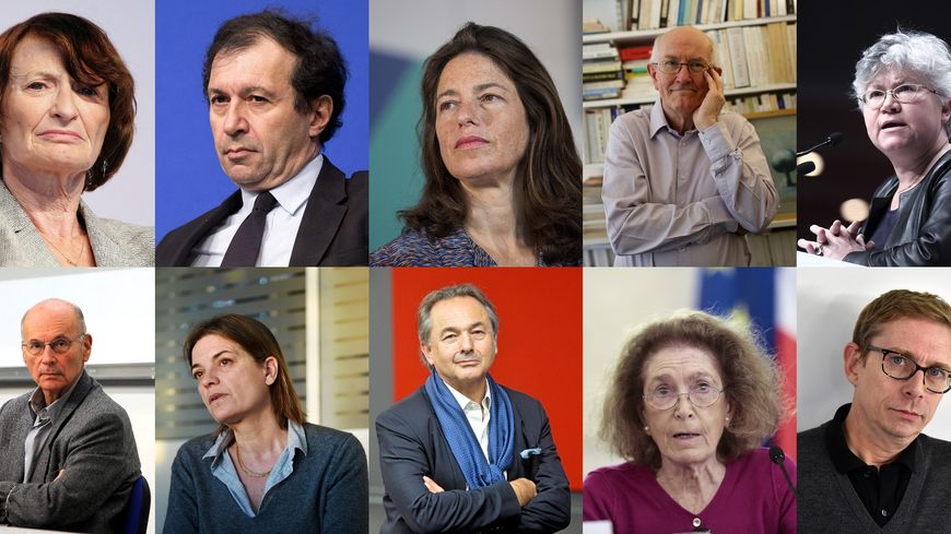 De gauche à droite : Myriam Revault d'Allonnes, Daniel Cohen, Claudia Senik, Marcel Gauchet, Dominique Meda, Boris Cyrulnik, Valentine Zuber, Gilles Kepel, Mireille Delmas-Marty et Gerald Bronner.