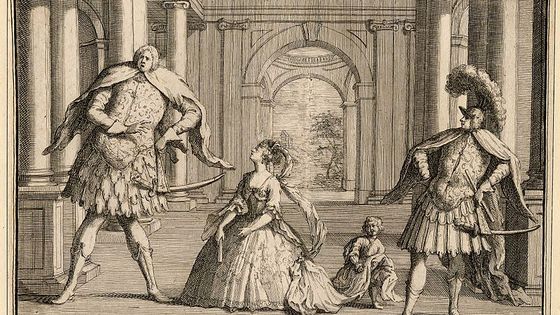 Caricature d'une performance de l'oeuvre de Haendel Flavio avec le castrat Senesino sur la gauche. - John Vanderbank