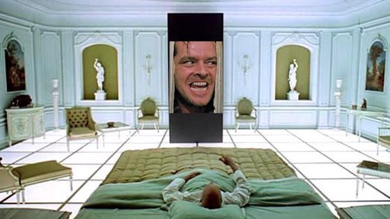 Histoire de chambres, histoire de portes ... "Shining" (Jack Nicholson) et la chambre de l'astronaute en fin de vie dans "2001, l'Odyssée de l'espace" - Montage : Nelly Portal