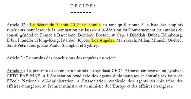 Extrait de la décision du Conseil d'État annulant la nomination de l'écrivain Philippe Besson à Los Angeles