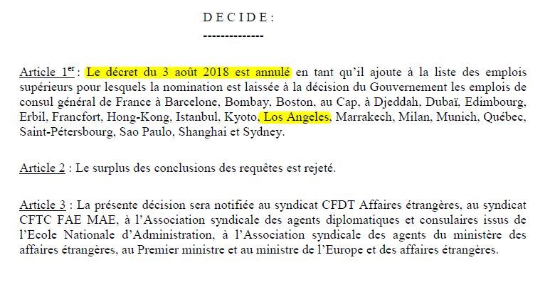 Extrait de la décision du Conseil d'État annulant la nomination de l'écrivain Philippe Besson à Los Angeles