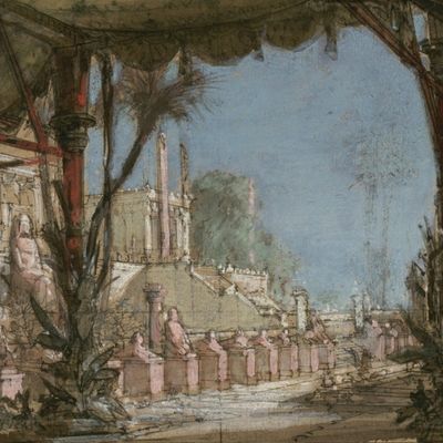Les Troyens à Carthage : esquisse de décor de l'acte II : les jardins de Didon au bord de la mer -1863. Par Chaperon, Philippe (1823-1906), dessinateur