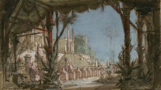 Les Troyens à Carthage : esquisse de décor de l'acte II : les jardins de Didon au bord de la mer -1863. Par Chaperon, Philippe (1823-1906), dessinateur - BnF-Gallica