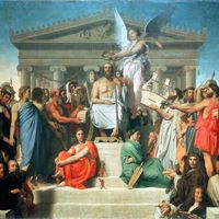 "L'Apothéose d'Homère" de Jean-Auguste-Dominique Ingres (1827) : Homère entre l'Iliade (en rouge) et l'Odyssée (en vert). Visible au Louvre de Paris.