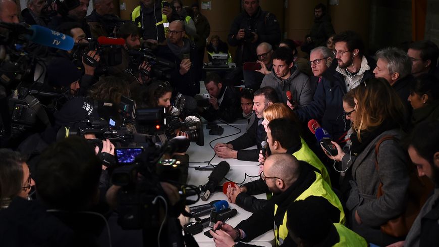 Conférence de presse des représentants des "Gilets jaunes" dans les locaux de La Provence, à Marseille, le 5 janvier 2019.