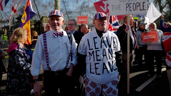 Deux manifestants pro-Brexit le 27 février 2019 à Londres. Celui de droite arbore un t-shirt avec la mention : "Partir signifie partir" ©AFP - Tolga AKMEN