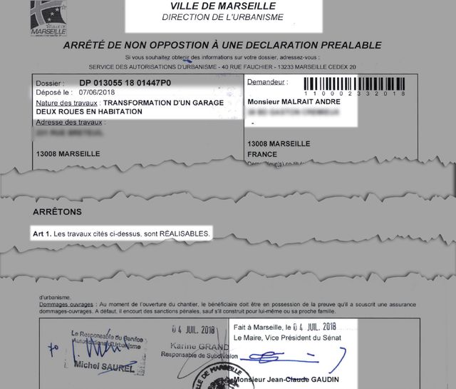 Le document signé par le maire de Marseille et autorisant la transformaion d'un garage en logement