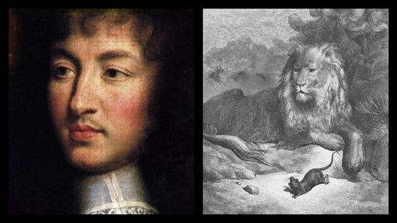 Jean De La Fontaine et une illustration de la fable Le Lion et le Rat - Gustave Doré