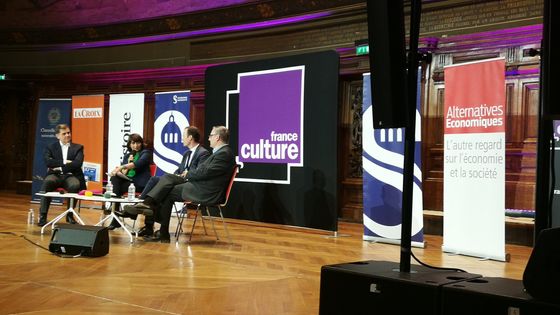 Grand amphithéâtre de la Sorbonne - 13/04/2019 - table ronde avec, de gauche à droite : Jean-Christophe Ploquin (La Croix), Dominique Rousset, Thomas Gomart, François Héran. ©Radio France - © MJ Bourdeau / FC