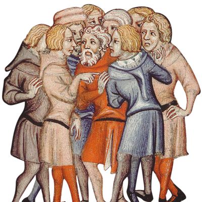 Détail couverture de "L'espace public au Moyen Âge. Débats autour de Jürgen Habermas" sous la dir. P. Boucheron & N. Offenstadt (PUF 2011), miniature extraite de l'Enseignement des princes (1372), Conciliabule entre gens du peuple (Besançon)