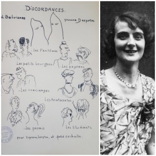 A gauche, couverture de la partition de "Discordances" d'Yvonne Desportes illustrée par la compositrice © Radio France, à droite Yvonne Desportes en 1930 © Gallica BnF