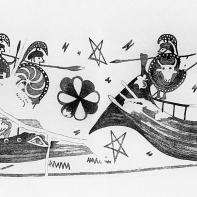 Pirates grecs attaquant un navire marchand (détail d'un vase peint retrouvé à Cisra/Caere, Cerveteri, Italie)