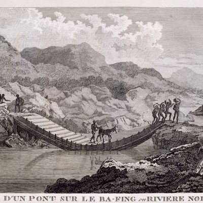 Vue d'un pont sur le Ba-Fing, ou Rivière noire, gravure des "Voyages dans les régions intérieures de l'Afrique" réalisés en 1795, 1796, et 1797 par l'explorateur écossais Mungo Park (1771-1806). Afrique, XIXème siècle. Paris, Société de géographie