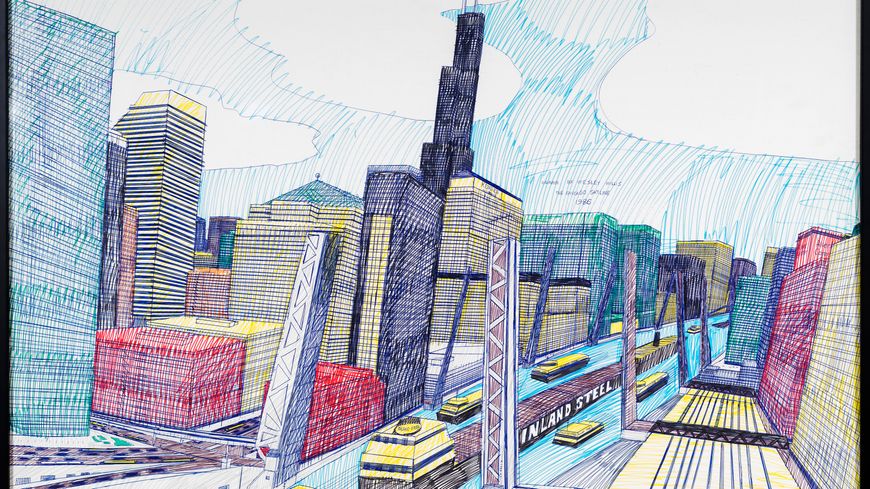 Wesley Willis, The Chicago Skyline, Sears Tower, Chicago River…, 1986 © Line Key