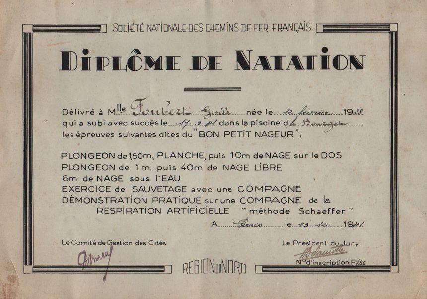 Diplôme de natation de la grand mère de Charlotte Pouch