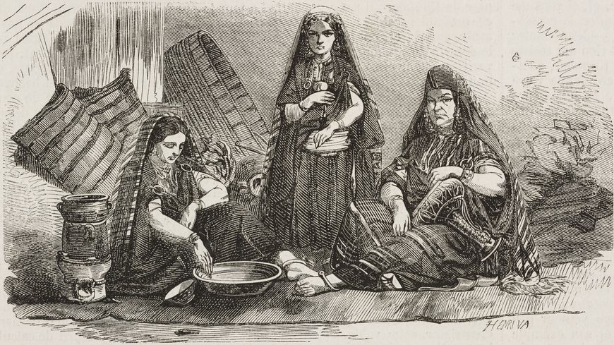 Femmes portant des vêtements traditionnels et préparant le couscous en Tunisie. Dessin paru dans l'Illustration, Journal universel, n°509, volume XX, 27 novembre 1852.
