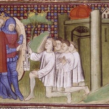 1347, les bourgeois de Calais rendent les clés de la ville à Edouard III après onze mois de siège (peinture anonyme du XVè).