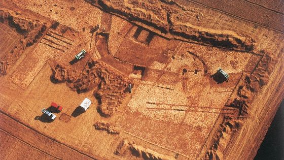 Porte orientale du camp C, pendant la fouille du site archéologique d'Alésia (vers 1992) - © Photo aérienne de René Goguey