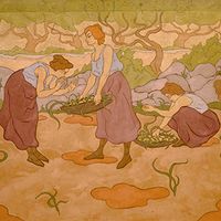 Trois femmes à la récolte, Paul Ranson, (1895) peinture à la colle sur toile 35 x 195 cm
