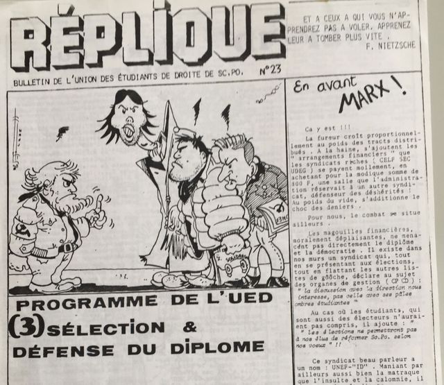 Dans le numéro 23 du journal Réplique, publié par le syndicat UED, les trotskistes sont caricaturés comme Stéphane Rozès au centre portant une doudoune et un cartable Solidarnocs.