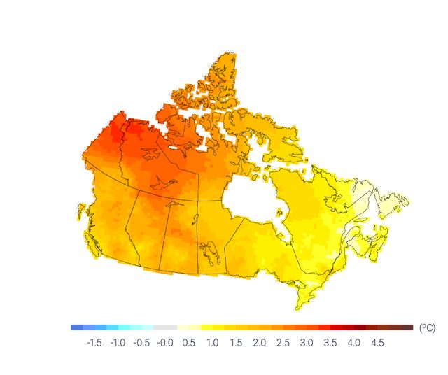 Les augmentations les plus importantes de température concernent le Nord du Canada, les Prairies et le Nord de la Colombie-Britannique.