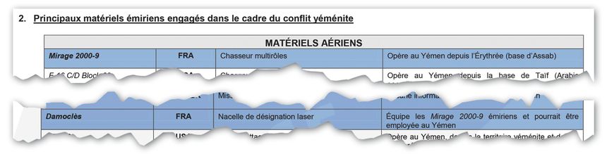 Principaux matériels émiriens engagés dans le cadre du conflit yéménite : le Mirage 2000-9 opère au Yémen, et le Damoclès "pourrait être employé au Yémen".