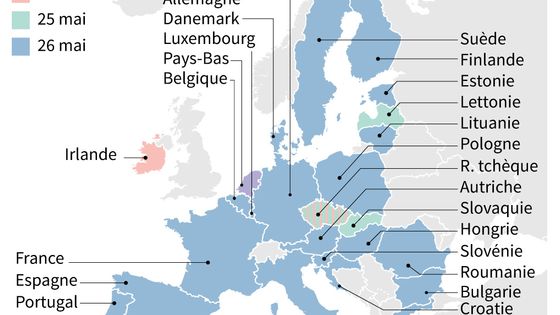 Carte de l'Europe avec calendrier des élections européennes fin mai 2019 ©AFP - Paul DEFOSSEUX, Juliette VILROBE, Laurence SAUDABU / AFP