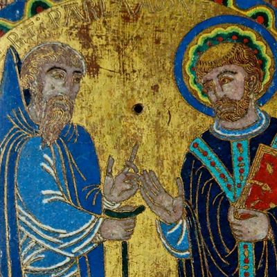 Saint Étienne de Muret et Hugues de La Certa, plaque du maître-autel de l'abbaye de Grandmont (XIIe siècle), Paris, musée de Cluny.