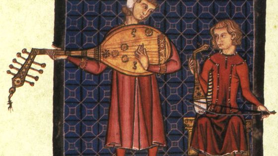 Enluminure de deux ménestrels extraite du codex "Cantigas de Santa Maria", c. 1280 - Heritage Images / getty