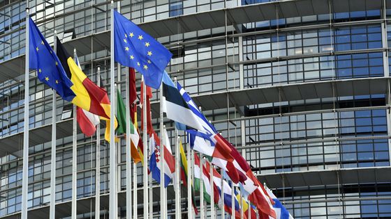 Le Parlement Européen de Strasbourg avec les drapeaux des états membres, avant les élections européennes de 2019, en France ©Maxppp - Alexandre Marchi