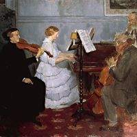 The Belgian organist and composer Cesar Franck (Liege, 1822-Paris, 1890) depicted standing next to the piano being played by his future wife, painting