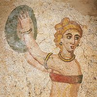 Détail : Femmes s'exerçant à la gymnastique, mosaïque de la villa romaine du Casale, Sicile, Italie, env. IVème siècle après JC.