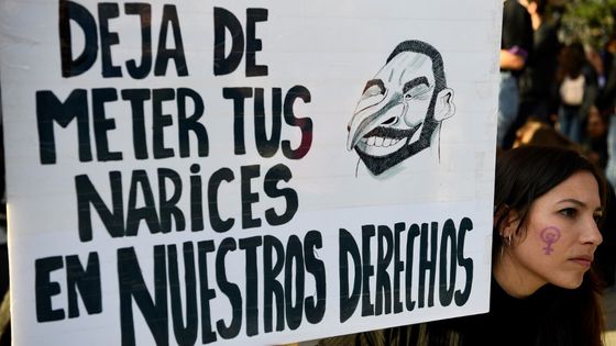 « Arrête de fourrer ton nez dans nos droits ». Une manifestante porte une pancarte caricaturant Santiago Abascal, le président du parti d'extrême droite Vox, à Madrid le 8 mars 2019. ©AFP - GABRIEL BOUYS