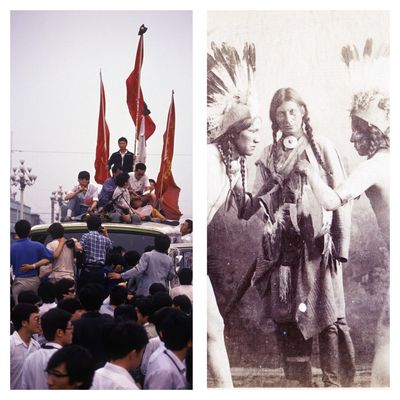 Confrontation entre des étudiants et l'armée de libération du peuple sur la place Tian'anmen, 3 juin 1989, Chine // Un guérisseur et deux indigènes en tenues de cérémonie de "ghost dance", Santa Fe, Nouveau Mexique, vers 1880.