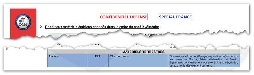 Selon la note "confidentiel Défense", les chars Leclerc ont pu être observés "au Yémen et déployé en position défensive", ou pour certains "en attente de déploiement au Yémen".
