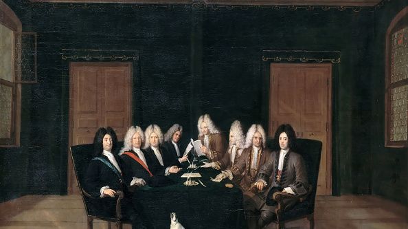 Johann Rudolf Huber (1668-1748), Les Plénipotentiaires réunis autour du maréchal duc de Villars et du prince Eugène de Savoie au congrès de la paix à Borden, 7 septembre 1714